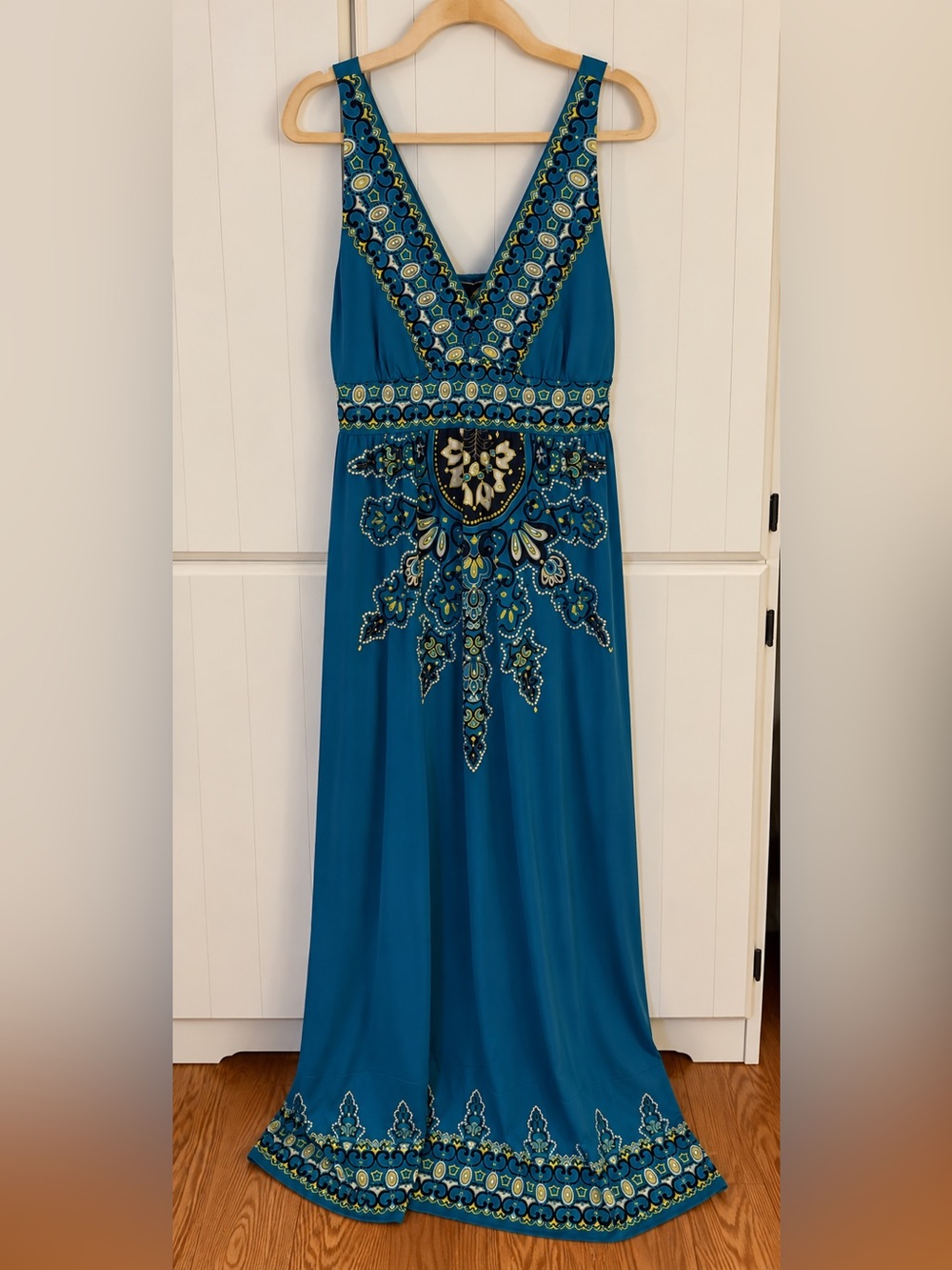 Vintage Y2K INC Teal Paisley Whimsigoth Boho Empire Waist Stretch Maxi Dress XL - Picture 2 of 4